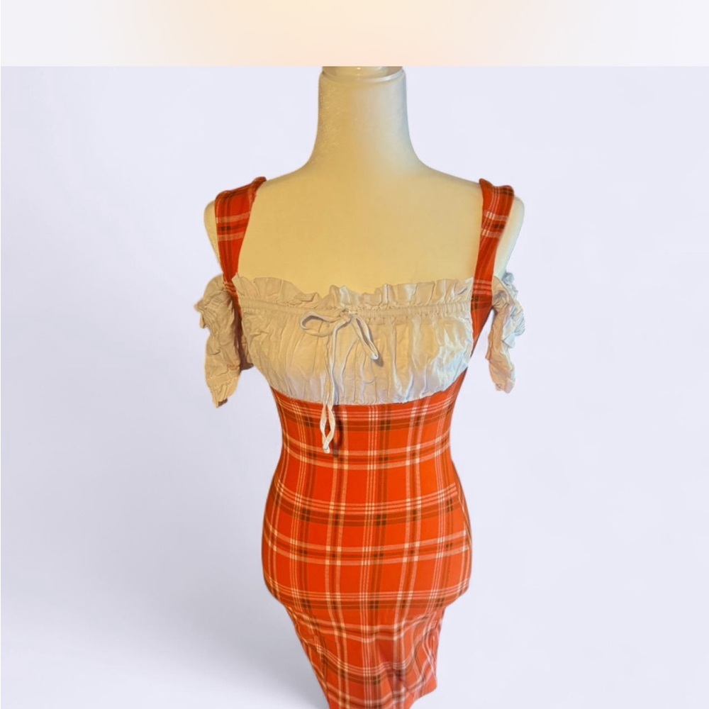 Orange Plaid Off-Shoulder Dress